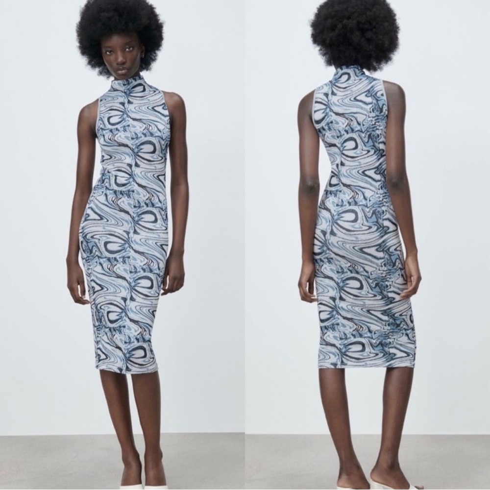 Zara Marble Jacquard Bodycon Midi Dress Blue White Swirl Sz. XS Sz. Small
